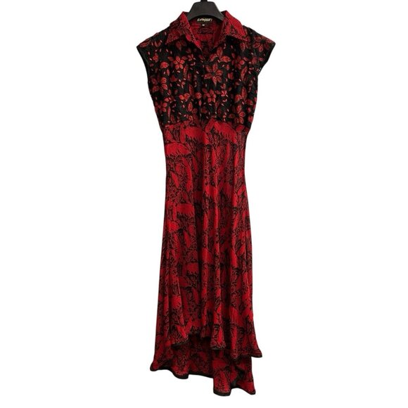 Maxi Dress Womens M Red Black Floral Mixed Media Embroidered Sheer Chiffon Boho - Picture 1 of 8